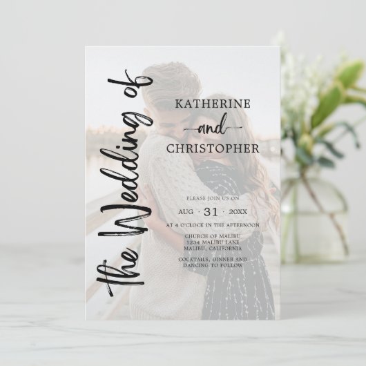 Elegant Script Foto Zwart Wit Formele Huwelijk Kaart (Staand voorkant)