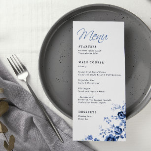 Elegant Script Frans Blauwe Bloemstuk Bruiloft Menu