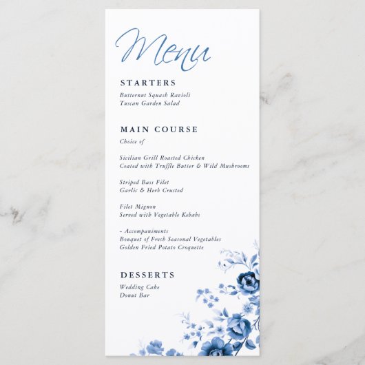 Elegant script Franse Blauwe Bloemen Toile bruilof Menu (Voorkant)