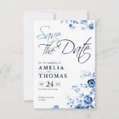 Elegant script Franse Blauwe Bloemen Toile bruilof Save The Date (Voorkant)