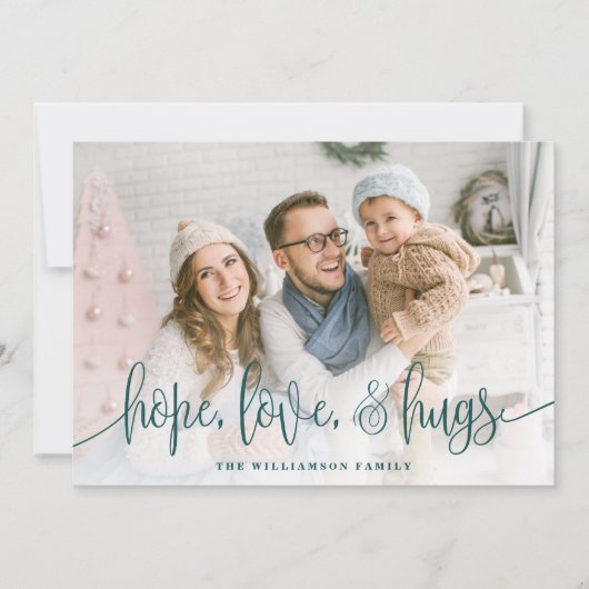 Elegant Script Full Photo Hope Love Hugs Green Feestdagenkaart (Voorkant)