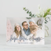 Elegant Script Full Photo Hope Love Hugs Navy Feestdagenkaart (Staand voorkant)