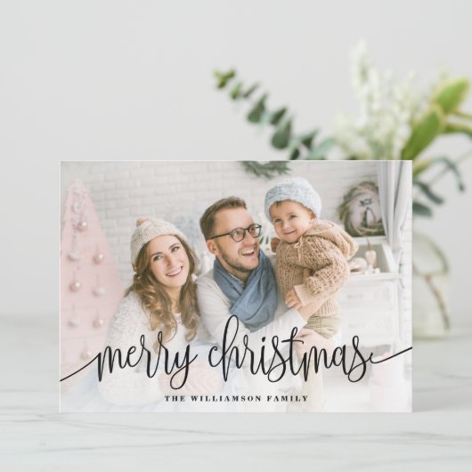 Elegant Script Full Photo Merry KerstBlack Feestdagenkaart (Staand voorkant)
