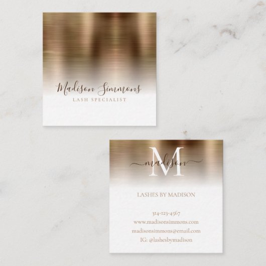 Elegant script geborsteld metallisch goudmonogram vierkante visitekaartje (Voorkant / Achterkant)