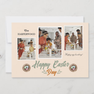 Elegant Script Gelukkig Pasen Familie Drie Foto Feestdagenkaart
