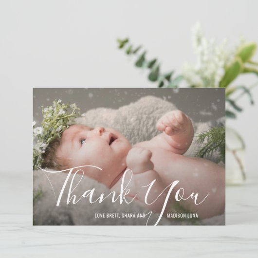 Elegant Script Gender Neutral Photo Baby shower Bedankkaart (Staand voorkant)