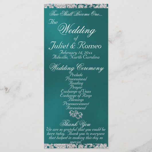 Elegant Script & Glitter - Blauwgroen bruiloft Programma (Voorkant)