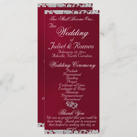 Elegant Script & Glitter - Bourgondische bruiloft Programma (Voorkant / Achterkant)