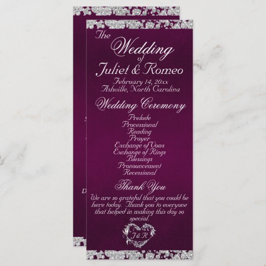 Elegant Script & Glitter - Paarse bruiloft Programma (Voorkant / Achterkant)