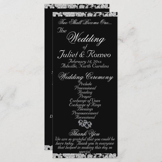 Elegant Script & Glitter - Zwarte bruiloft Programma (Voorkant / Achterkant)