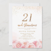 Elegant script gold & blush floral 21st jarig kaart (Voorkant)