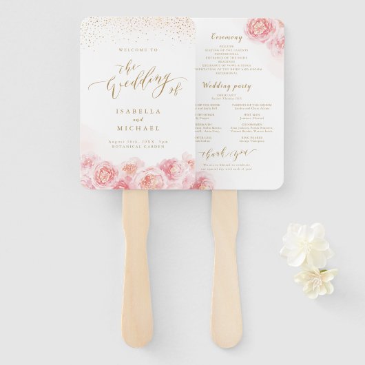 Elegant script gold & blush floral bruiloft progra handwaaier (Voorkant en achterkant)