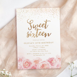 Elegant script gold & blush floral lief zestien kaart