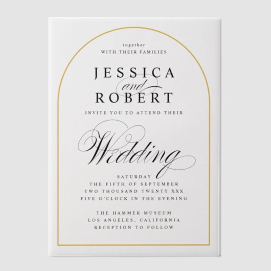 Elegant Script Gold Border Wedding Arch Vellum Uitnodigingen (Voorkant)