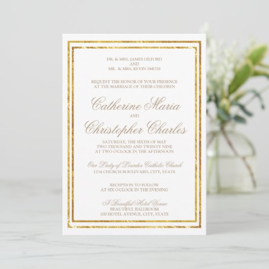 Elégant Script Gold Bordure Mariage Invitation (Debout devant)
