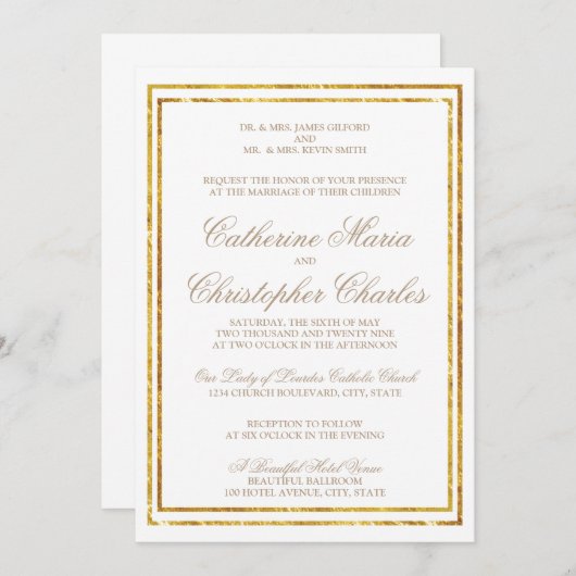 Elégant Script Gold Bordure Mariage Invitation (Devant / Derrière)