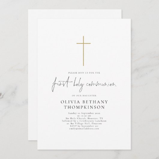 Elegant Script Gold Cross Eerste Heilige Communie Kaart (Voorkant / Achterkant)