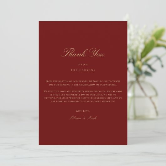 Elegant Script Gold & Deep Red bedankkaart (Staand voorkant)
