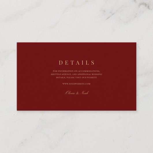 Elegant Script Gold & Deep Red Wedding Details Informatiekaartje (Voorkant)