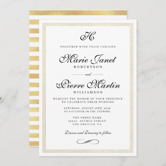 Elegant script gold foil bruiloft uitnodiging (Voorkant / Achterkant)