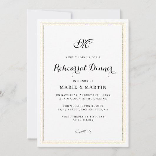 Elegant script gold foil lijst rehearings diner kaart (Voorkant)