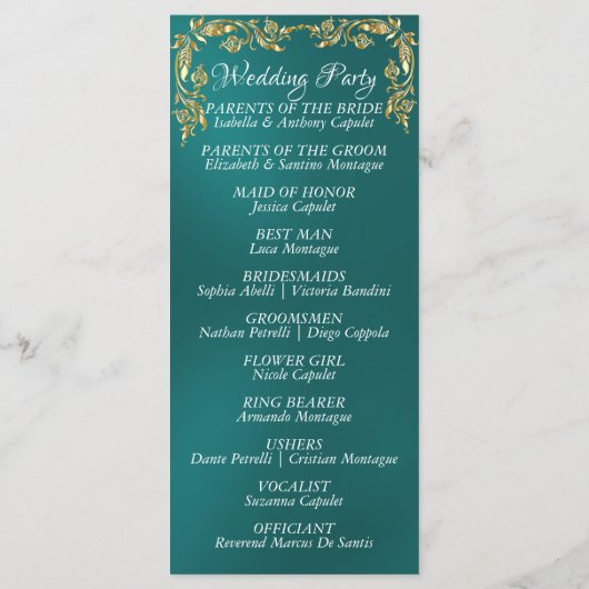 Elegant Script & Gold Leaves - Blauwgroen bruiloft Programma (Achterkant)