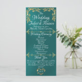 Elegant Script & Gold Leaves - Blauwgroen bruiloft Programma (Staand voorkant)