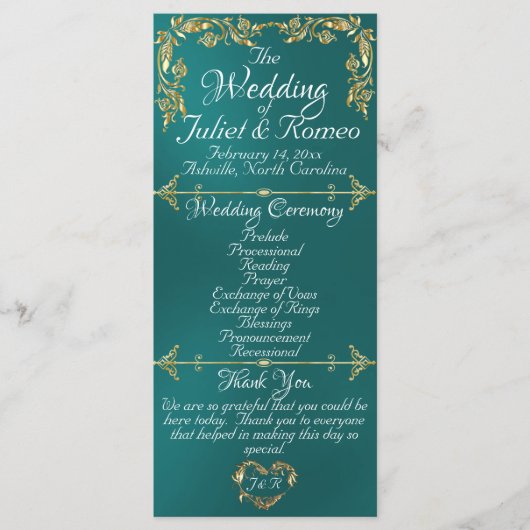 Elegant Script & Gold Leaves - Blauwgroen bruiloft Programma (Voorkant)