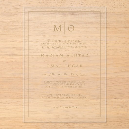 Elegant Script Gold Monogram Acryl Uitnodigingen (Voorkant)