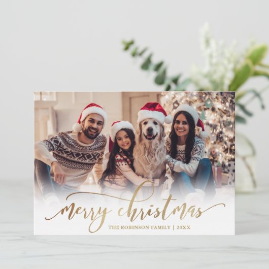 Elegant Script Gold Script Single Photo Christmas Feestdagenkaart (Staand voorkant)