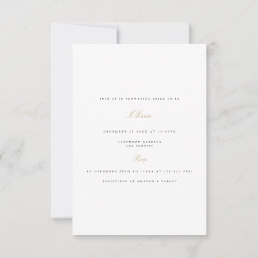 Élégant Script Gold White Bridal Shower Invitation (Dos)