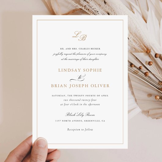 Elegant Script Goud Monogram Modern Bruiloft Kaart