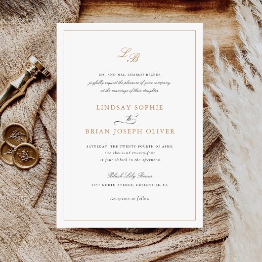 Elegant Script Goud Monogram Modern Bruiloft Kaart