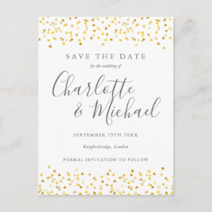 Elegant Script Gouden Hartjes Confetti Save the Da Briefkaart