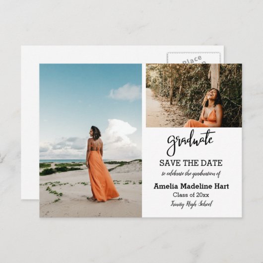 Elegant Script Graduation Party | Datum opslaan Aankondigingskaart (Voorkant / Achterkant)