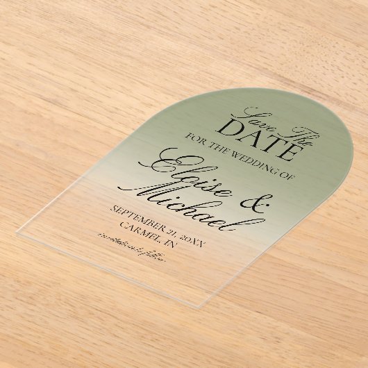 Elegant Script Green Gradient Save The Date Acryl Uitnodigingen (Laagn)