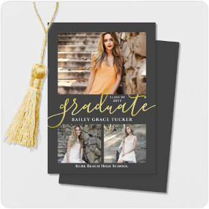 Elegant Script Grey 3-Photo Collage Afstuderen Aankondiging