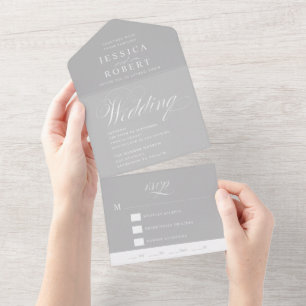 Elegant Script Grey and White Calligraphy Wedding All In One Uitnodiging