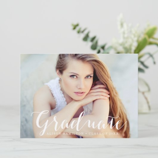 Elegant Script Grey Photo Afstuderen Aankondiging (Staand voorkant)
