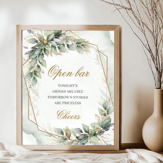 Elegant script groen eucalyptus goud Open bar teke Poster