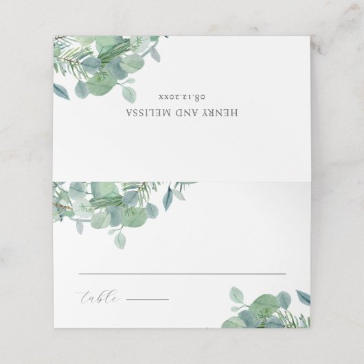 Elegant script groen laat eucalyptus bruiloft (Buitenkant ongevouwen)