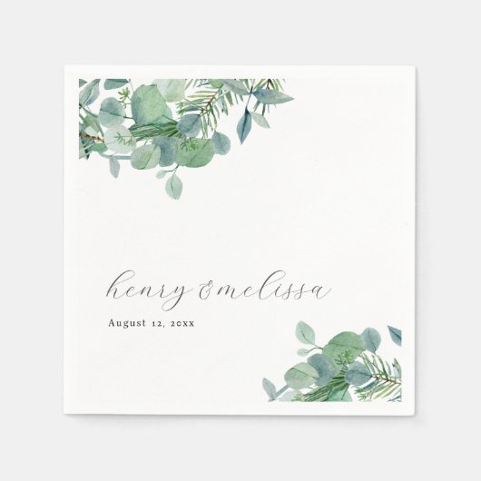 Elegant script groen laat eucalyptus bruiloft servet (Voorkant)