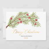 Elegant script groen rode bessen kerst feestdagenkaart (Voorkant)