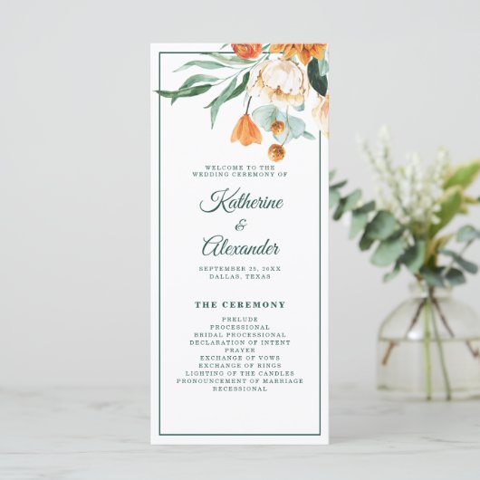 Elegant Script groen Waterverf bloemenbruiloft Programma (Staand voorkant)
