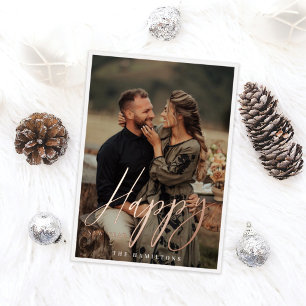 Elegant Script Happy New Year Minimale Couple Phot Folie Feestdagenkaart