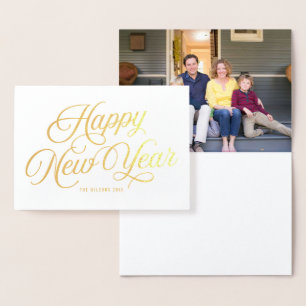Elegant Script Happy Nieuwjaar met foto Folie Kaarten