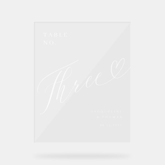 Elegant Script Hart Bruiloft Tafel Nummer Drie Acryl Bord (Voorkant)