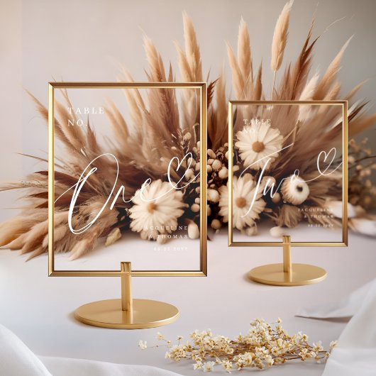 Elegant Script Hart Bruiloft Tafel Nummer Een Acryl Bord