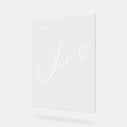 Elegant Script hart bruiloft tafel nummer zes Acryl Bord (Hoek)
