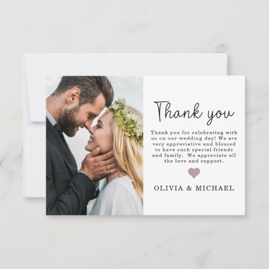 Elegant Script Hart Foto Bruiloft Dank u Kaart (Voorkant)